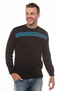 Blusão masculino tipo suéter em tricot listras no tórax gola redonda